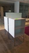 White Laminated Wood, Frosted Glass Double-sided product displays with Chrome Legs Rigging Cost: $20