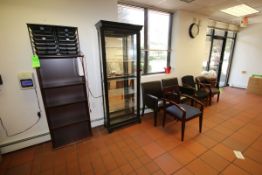 Lot of Assorted (5) Office Chairs, and (2) Book Shelves/Display Case