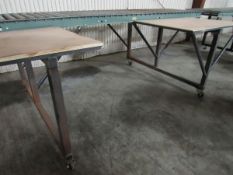 Packing Table with 10ft Hydrol Roller conveyor and two work surface with plywood tops on casters,
