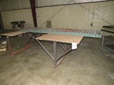 Packing Table with 10ft Hydrol Roller conveyor and two work surface with plywood tops on casters,