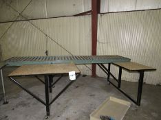 Packing Table with 10ft Hydrol Roller conveyor and two work surface with plywood tops on casters,
