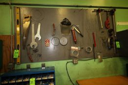 Lot of Assorted Tools including Leveler, Saw, Threading Tooling, Wrenches, Welding Mask