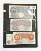Six Bank of England banknotes, three 10s notes (signed K O Peppiatt), one mauve 1940, one red 1948,
