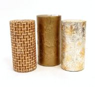 Cylindrical metal tea canister with lacquer outer case, decorated in gilt with prunus blossom, 16.