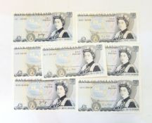 Seven Bank of England £5 notes comprising three signed by J O Page and four by G M Gill,