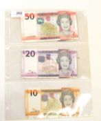 Five Jersey first issue 2010 banknotes, comprising one £50 note, one £20 note, one £10 note,