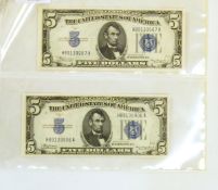 Two USA banknotes, two 5$ notes (both 1934 A, ef), two Egyptian banknotes,