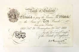 Bank of England £10 note (28 February 1938) signed by K O Peppiatt London,