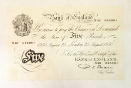 Bank of England £5 note (25 August 1950 London) signed by P S Beale, Chief Cashier,