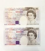 Two Bank of England £20 notes (November 1991 signed by G E A Kentsfield) unc.