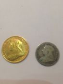 Victorian half-sovereign and 3d