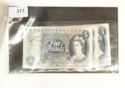 Five Bank of England £5 notes (Jan 1967 signed by J S Fforde,