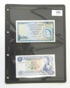 Four Mauritian banknotes, one 5 rupee note (1954), two 5 rupee notes (1967) and one 10 rupee note,