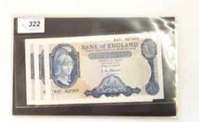Three Bank of England £5 notes, Helmeted Britannia Issue, February 1957, signed by L K O'Brien,