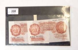 Two Bank of England 10s notes (1950-55) signed by P S Beale, threaded, both EF,