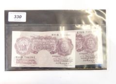 Two Bank of England 10s notes, October 1940, signed by K O Peppiatt,