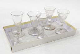 18th century cordial glass with etched bowl and wrythen knopped stem, another similar,