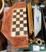 A framed Oriental style embroidery, a wooden games box, two table runners,