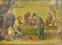 Northern European school Oil on panel Interior tavern scene with figures playing board game,