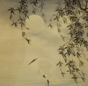 Three Oriental painted and printed scrolls, a warrior with sword,