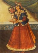 Qajar school (Persian late 19th/early 20th century) Oil on canvas Portrait of a girl bearing a
