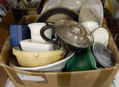 Assorted items including a silver plated teapot, vases, mixing bowl, etc.