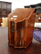 George III satinwood inlaid mahogany serpentine-fronted knife box with faux reeded pillars,