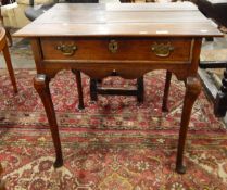 18th century oak side table, single frieze drawer with loop handles, shaped apron,