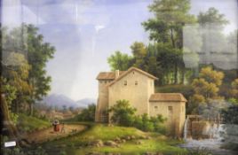 Continental school Watercolour drawings Landscape with black and white house having figure on a