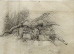 Lucy Elizabeth Kemp-Welch (1869-1958) Pencil drawing Logs on cart bearing Lucy Kemp-Welch embossed