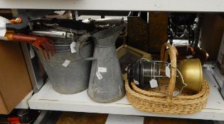 Three galvanized metal buckets, a galvanized metal ewer,