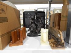 Spelter figure group of two girls in Grecian dress (af), a pair of wooden bookends,