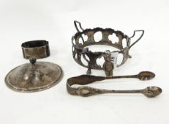 Two silver wine labels, one for whiskey and one for gin, a silver napkin ring,