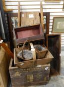 Assorted wooden items including a wooden garden planter, a trug, baskets, wooden stepladder,