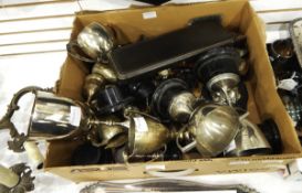 Quantity of EPNS trophy cups, shields, and a boxed set of fish servers,