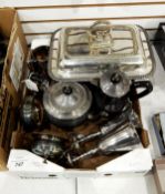 A silver plate warming dish, silver plate part tea service,