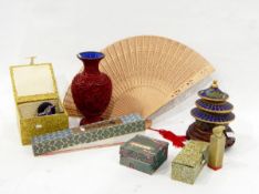 Modern Chinese cloisonne model of a lady, a cloisonne jar in the form of a pagoda, a jade seal,