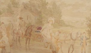 Pair of Victorian tapestries depicting a lady on horse and carriage,
