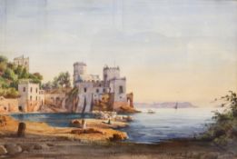 Two watercolour drawings Mediterranean scenes Greek ruins entitled 