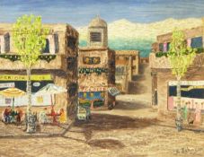 K Johnson (20th century) Oil on board A town scene with mountains in background,