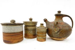 Studio pottery ewer with two handles and cover in brown glazes, assorted studio pottery bowls,