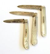 Late Victorian engraved silver-bladed folding fruit knife with mother-of-pearl scales,