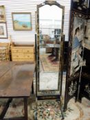 Chinoiserie lacquer and painted cheval mirror on splay supports and castors
