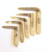 Five Victorian silver-bladed folding fruit knives with mother-of-pearl scales,