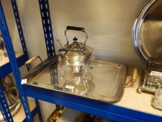 EPNS tray with bone handles and teapot with ebonised handle