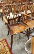 Antique hardwood Windsor stickback open armchair with bolster uprights and on bolster turned