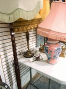 Wooden standard lamp with shade,