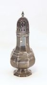 Edwardian silver pedestal sugar caster of baluster octagonal form, Birmingham 1909, 5 ozs approx.
