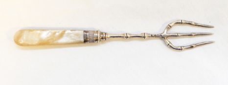 Victorian three-pronged silver serving fork, bamboo-pattern,