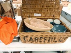 Poole part tea service, teal blue with white, a quantity of table napkins,